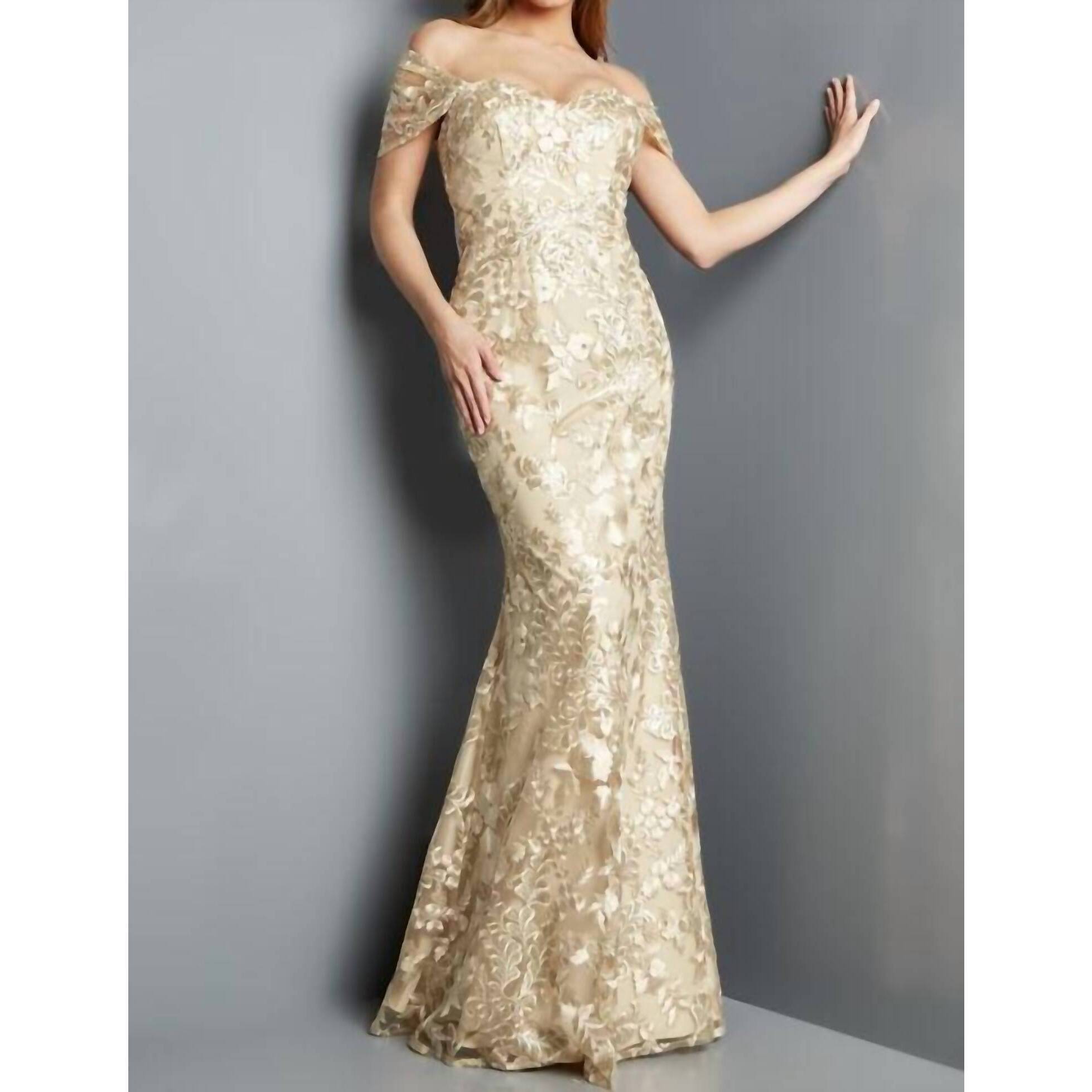 New Jovani Shawl Sleeves Embroidered Dress In Champagne